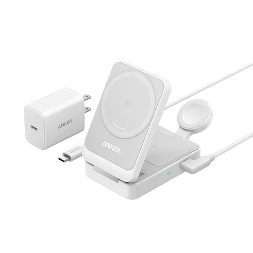 Incarcator wireless Anker MagGo 3in1 (B2557321), Qi2, pentru Apple, 15W, cu USB-C Charger si Cable Type-C, alb