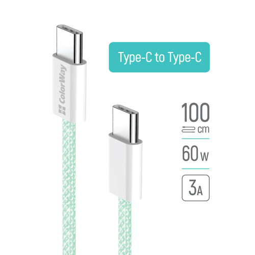 Cablu ColorWay de date (CW-CBPDCC061-G), pentru MacBook Pro, Type-C to Type-C, PD Incarcare rapida 60W, 3A, Nylon, 1m, verde