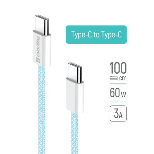 Cablu ColorWay de date (CW-CBPDCC061-BL), pentru MacBook Pro, Type-C to Type-C, PD Incarcare rapida 60W, 3A, Nylon, 1m, bleu