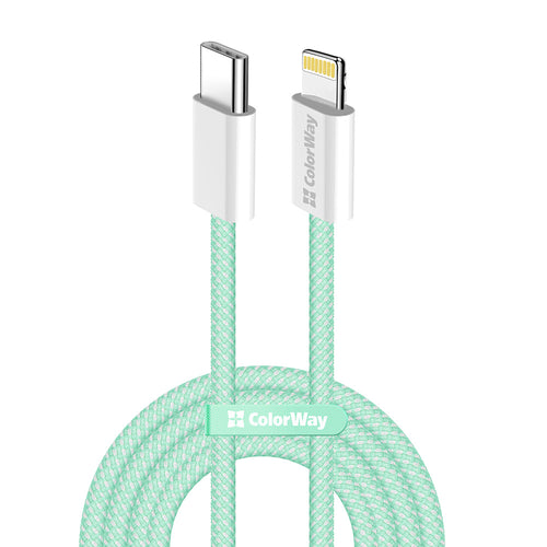Cablu ColorWay de date (CW-CBPDCL061-G), Type-C to Apple Lightning, PD 27W, 3A, 480Mbps, Nylon, 1m, verde