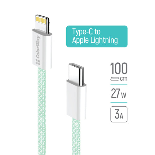 Cablu ColorWay de date (CW-CBPDCL061-G), Type-C to Apple Lightning, PD 27W, 3A, 480Mbps, Nylon, 1m, verde