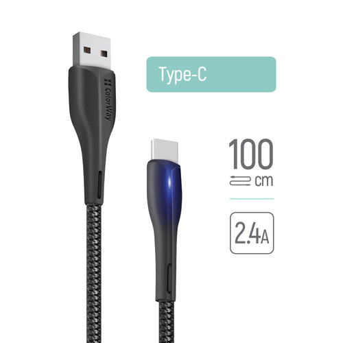 Cablu ColorWay de date (CW-CBUC034-BK), USB to Type-C, pentru Syncing & Charging, cu LED indicator, 2.4A, 480Mbps, 1m, negru