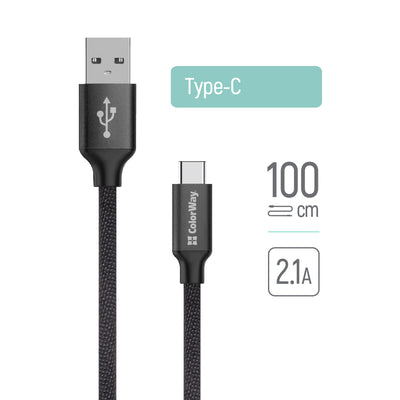 Cablu ColorWay de date (CW-CBUC003-BK), USB 2.0 to Type-C, pentru Syncing & Charging, Nylon, 2.1A, 480Mbps, 1m, negru