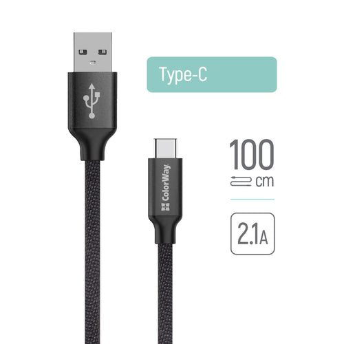 Cablu ColorWay de date (CW-CBUC003-BK), USB 2.0 to Type-C, pentru Syncing & Charging, Nylon, 2.1A, 480Mbps, 1m, negru