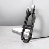 Cablu Baseus de date Cafule Series Metal (Camklf-BG1), USB to Micro-USB, 2.4A, Incarcare rapida, Nylon Braid, Velcro, 1m, negru