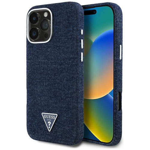 Husa pentru iPhone 16 Pro, Guess Denim Triangle Logo MagSafe (GUHMP16LRJFWTLB), albastru