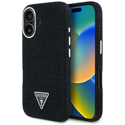 Husa pentru iPhone 16, Guess Denim Triangle Logo MagSafe (GUHMP16SRJFWTLK), negru