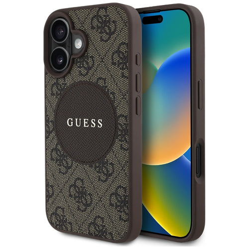 Husa pentru iPhone 16, Guess 4G Circle Classic Logo MagSafe (GUHMP16SP4PGRSGW), maro