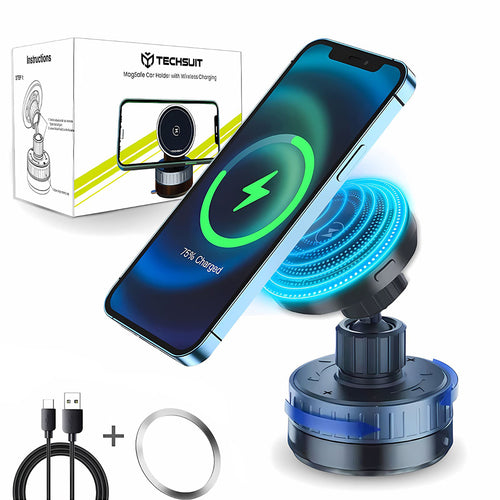 Suport auto Techsuit Premium cu Incarcare Wireless ChargeMagX (HOLD253), N52 Magnets, Powerful Ventuza, Bord, negru