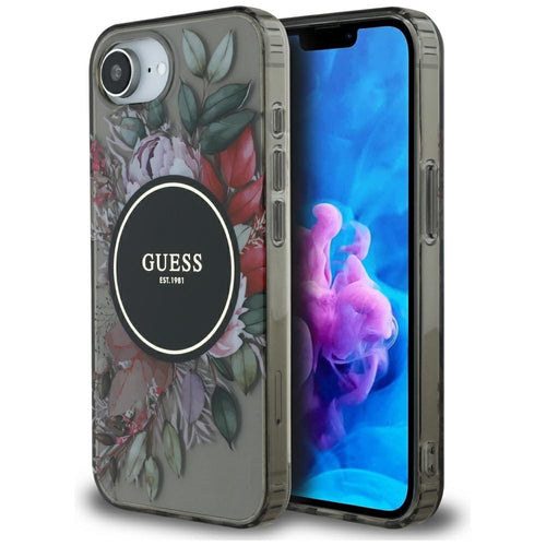 Husa pentru iPhone 16e, Guess IML Flowers MagSafe (GUHMPSE4HFWBRCEK), negru