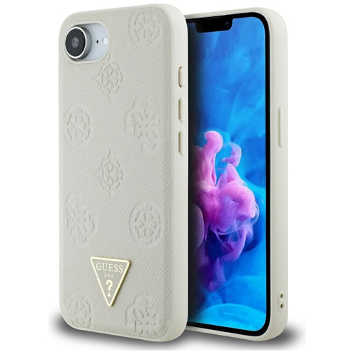 Husa pentru iPhone 16e, Guess Peony Grained Hot Stamp Triangle Logo MagSafe (GUHMPSE4PGBTME), bej