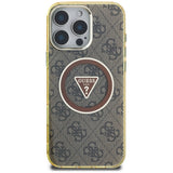 Husa pentru iPhone 16 Pro Max, Guess IML Metal Glitter 4G Circle Triangle MagSafe (GUHMP16XHG4PRTGW), maro