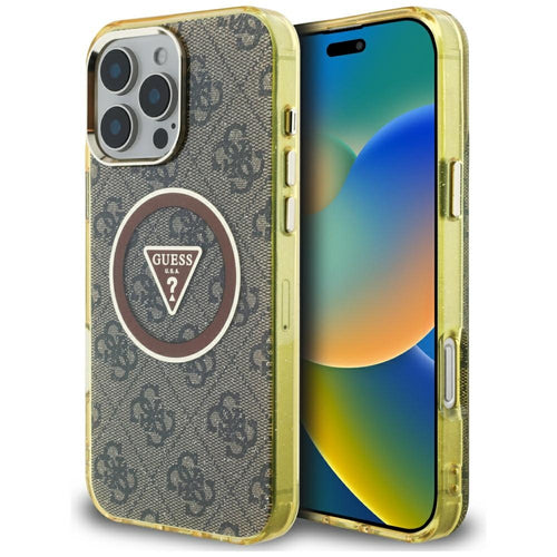 Husa pentru iPhone 16 Pro Max, Guess IML Metal Glitter 4G Circle Triangle MagSafe (GUHMP16XHG4PRTGW), maro