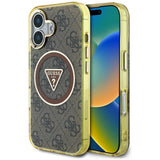 Husa pentru iPhone 16, Guess IML Metal Glitter 4G Circle Triangle MagSafe (GUHMP16SHG4PRTGW), maro