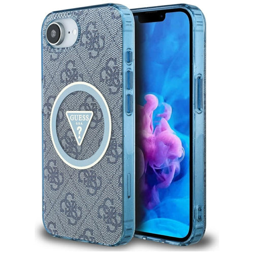 Husa pentru iPhone 16e, Guess IML Metal Glitter 4G Circle Triangle MagSafe (GUHMPSE4HG4PRTGB), albastru