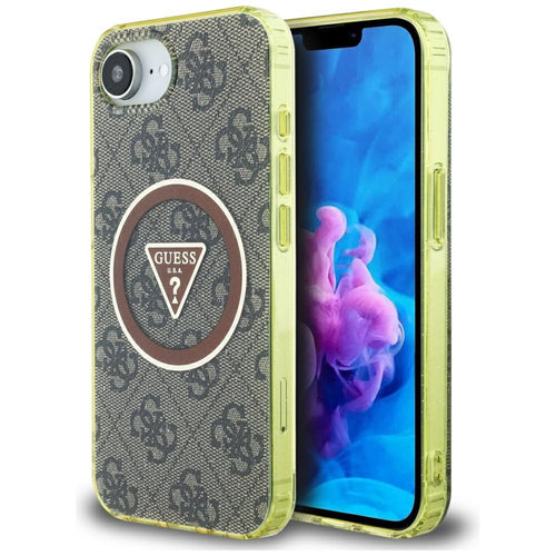Husa pentru iPhone 16e, Guess IML Metal Glitter 4G Circle Triangle MagSafe (GUHMPSE4HG4PRTGW), maro