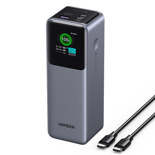 Baterie externa UGREEN PB722 (35525B), Incarcare rapida, Afisaj digital, 25000mAh, USB, 2x Type-C, 200W, QC, PD, 5V/3A, gri