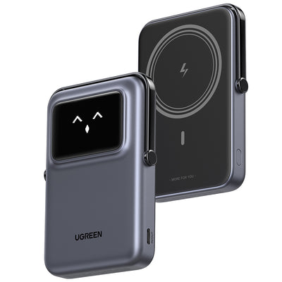 Baterie externa UGREEN Wireless Uno PB572 (45327), MagSafe, Incarcare rapida, TFT Display, Stand, 10000mAh, USB-C, 20W, 5V/3A, gri
