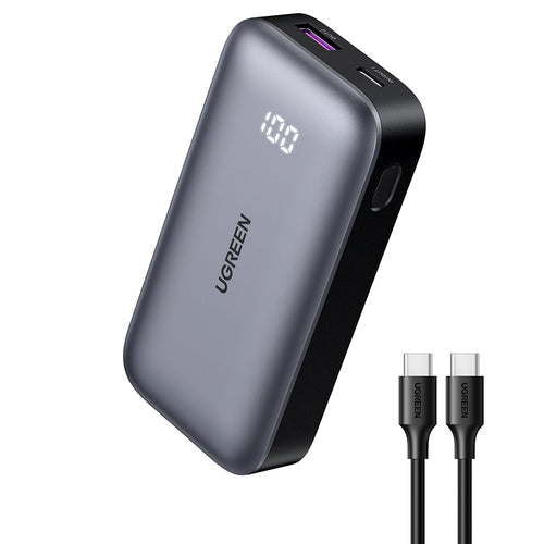 Baterie externa UGREEN PB502 (25185), Incarcare rapida, cu Afisaj digital, 10000mAh, USB, Type-C, 30W, 5V/3A, gri