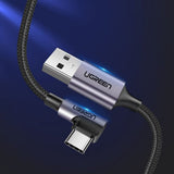 Cablu UGREEN de date Right Angle US284 (50942), USB to Type-C, Incarcare rapida, 18W, 3A, 480Mbps, QC3.0, 2m, gri