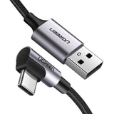 Cablu UGREEN de date Right Angle US284 (50942), USB to Type-C, Incarcare rapida, 18W, 3A, 480Mbps, QC3.0, 2m, gri