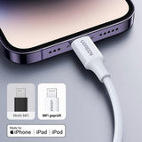 Cablu UGREEN de date US171 (10493), pentru iPhone, iPad, Incarcare rapida, USB-C to Lightning, 3A, 480Mbps, MFI Certified, 1m, alb