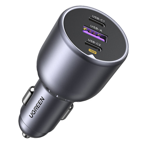 Incarcator auto UGREEN EC705 (35025), pentru Phone, Laptop, Tablet, Incarcare rapida, LED Light, 2x USB-C, USB, 130W, gri