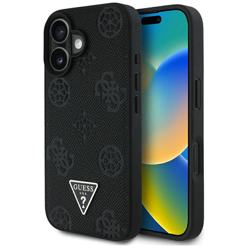 Husa pentru iPhone 16, Guess Peony Grained Hot Stamp Triangle MagSafe (GUHMP16SPGBTMK), negru