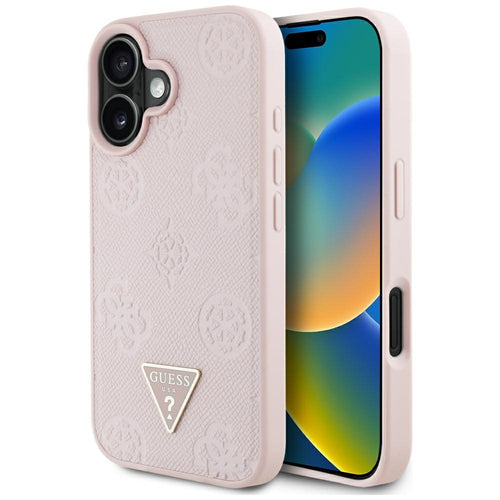 Husa pentru iPhone 16, Guess Peony Grained Hot Stamp Triangle MagSafe (GUHMP16SPGBTMP), roz