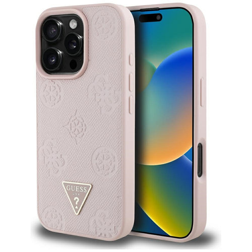 Husa pentru iPhone 16 Pro, Guess Peony Grained Hot Stamp Triangle MagSafe (GUHMP16LPGBTMP), roz