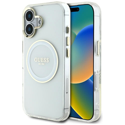 Husa pentru iPhone 16, Guess IML Metal Colored Circle MagSafe (GUHMP16SHTDRCEDH), alb