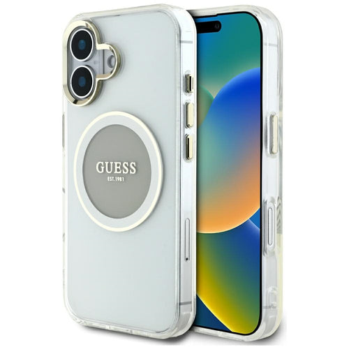 Husa pentru iPhone 16, Guess IML Metal Colored Circle MagSafe (GUHMP16SHTDRCEDG), gri