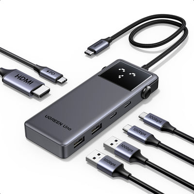 Hub USB UGREEN Docking station Uno 6in1 CM888 (35998), Afisaj LED, 2x USB, 2x Type-C, HDMI, 10Gb/s, 4K, 100W, SD/TF Slot, negru
