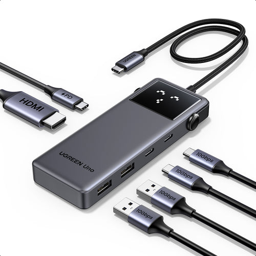 Hub USB UGREEN Docking station Uno 6in1 CM888 (35998), Afisaj LED, 2x USB, 2x Type-C, HDMI, 10Gb/s, 4K, 100W, SD/TF Slot, negru