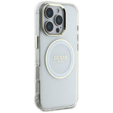 Husa pentru iPhone 16 Pro Max, Guess IML Metal Colored Circle MagSafe (GUHMP16XHTDRCEDH), alb