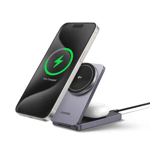 Incarcator wireless UGREEN W706 (45023), MagSafe, 2in1, pentru iPhone, AirPods, USB-C Cable, 20W, 3A, Qi2, MPP, 1m, gri