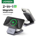 Incarcator wireless UGREEN W706 (45023), MagSafe, 2in1, pentru iPhone, AirPods, USB-C Cable, 20W, 3A, Qi2, MPP, 1m, gri