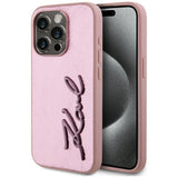 Husa pentru iPhone 15 Pro, Karl Lagerfeld Hardcase Leather (KLHCP15LPFMFBKMP), roz