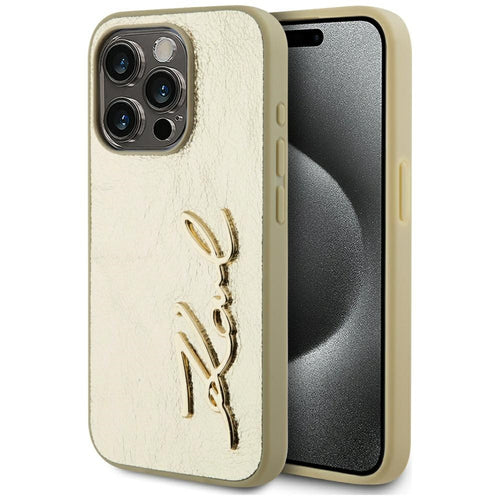 Husa pentru iPhone 15 Pro, Karl Lagerfeld Hardcase Leather (KLHCP15LPFMFBKMD), auriu