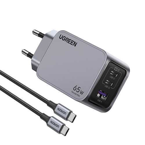 Incarcator retea UGREEN Nexode Pro X755 (25871), GaN, Incarcare rapida, USB, 2x Type-C, 65W, 3A, PD3.0, QC4.0, cu Cable, gri