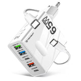 Incarcator retea Techsuit Premium PentaXPower (CHC1), Type-C Cable Included, 3x USB, 2x Type-C PD 25W, 65W, GaN, 1m, alb