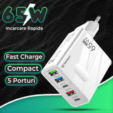 Incarcator retea Techsuit Premium PentaXPower (CHC1), Type-C Cable Included, 3x USB, 2x Type-C PD 25W, 65W, GaN, 1m, alb