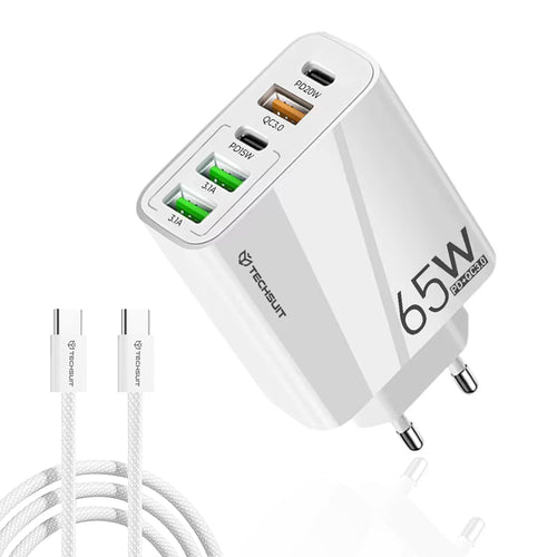 Incarcator retea Techsuit Premium PentaXPower (CHC2), Type-C Cable Included, 3x USB QC 3.0, 2x Type-C PD 20W, 65W, 1m, alb