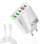 Incarcator retea Techsuit Premium PentaXPower (CHC2), Type-C Cable Included, 3x USB QC 3.0, 2x Type-C PD 20W, 65W, 1m, alb