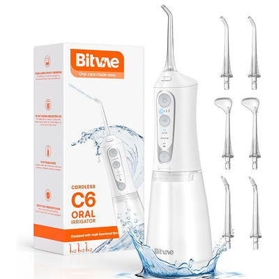 Bitvae Water Flosser (BVC6), Larger 300ml Size, cu 6 Jet Tips, 3 Modes, 5 Intensities, reincarcabil, Alb