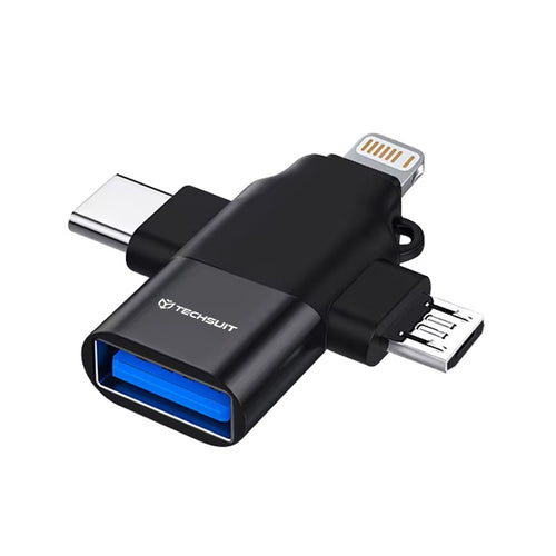 Adaptor Techsuit Premium OTG Adapter Soundvoltx (A17), 4in1, USB to Micro-USB + Type-C + Lightning, Plug And Play, Negru