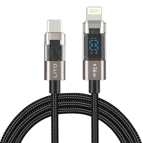 Cablu Lito de date (LD09CL), Lightning to Type-C, 36W High Speed Charging, Afisaj LED, 1.2m, negru