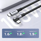 Cablu UGREEN de date US334 (70643), USB-C to USB-C 90 Degree Cable, Incarcare rapida 5A, 100W, 1m, Nylon, gri