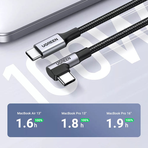 Cablu UGREEN de date US334 (70643), USB-C to USB-C 90 Degree Cable, Incarcare rapida 5A, 100W, 1m, Nylon, gri