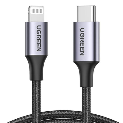 Cablu UGREEN de date US304 (60759), USB-C to Lightning, Incarcare rapida, 3A, 480Mbps, Nylon Braided, 1m, gri
